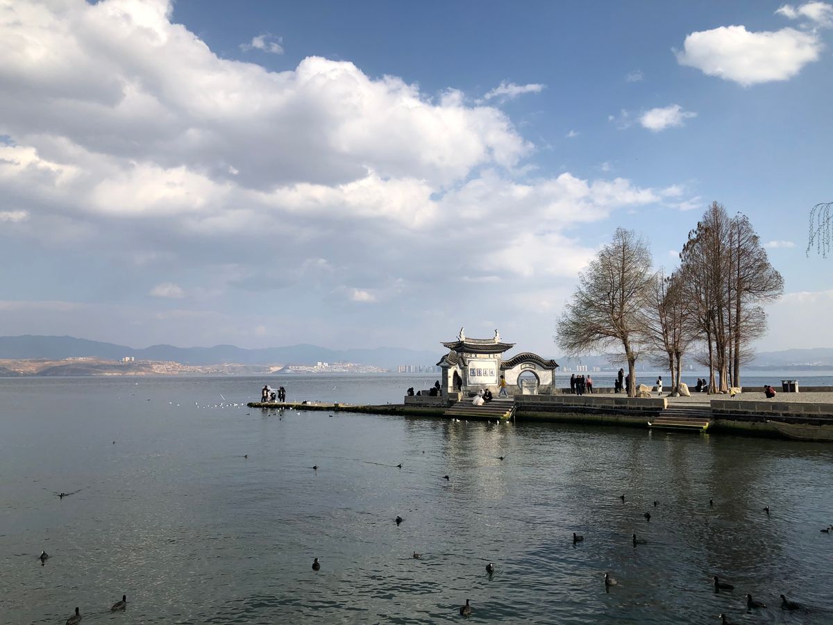 Lakeside pavilion and birds on Dianchi Lake