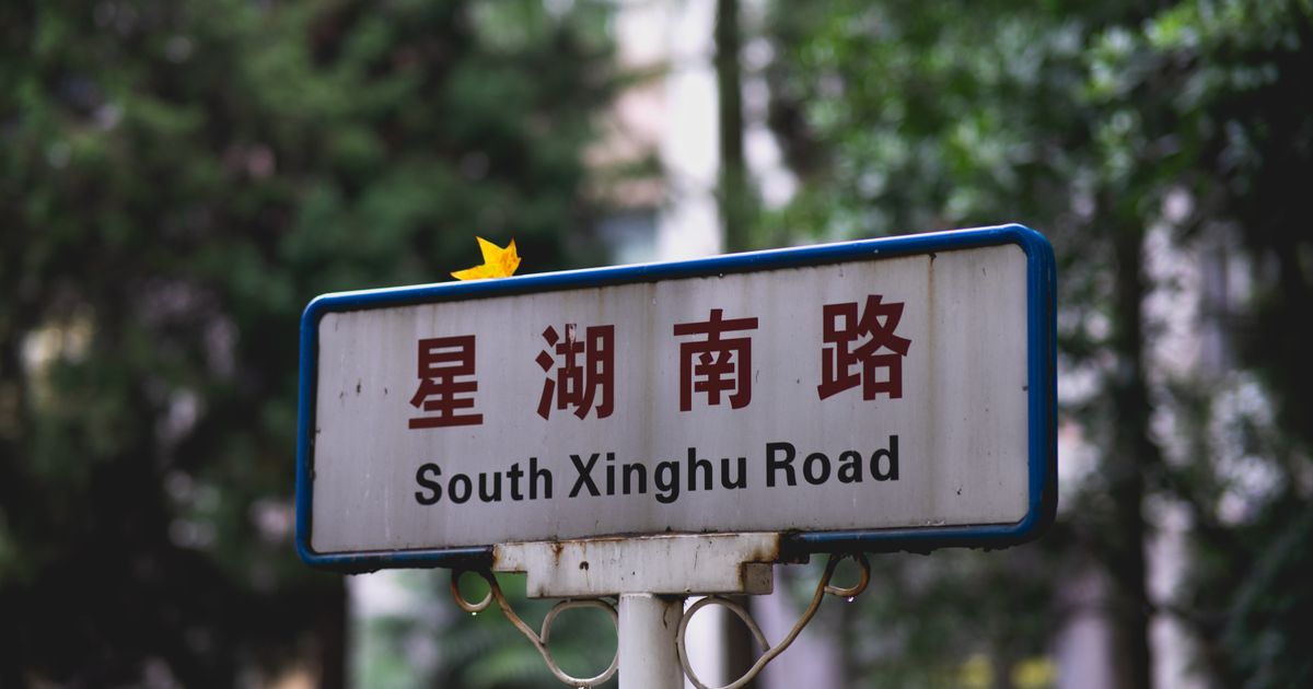Bilingual Chinese and English street sign reading South Xinghu Road mounted on a pole with trees behind