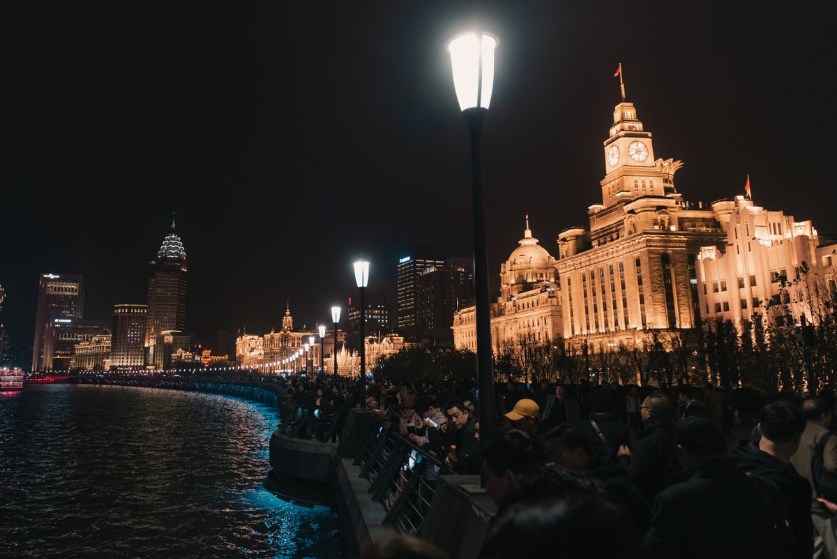Historic colonial-era buildings along the Bund waterfront promenade in Shanghai
