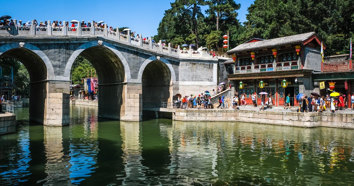 Stone bridge and waterside shops at Suzhou Street inside the Summer Palace