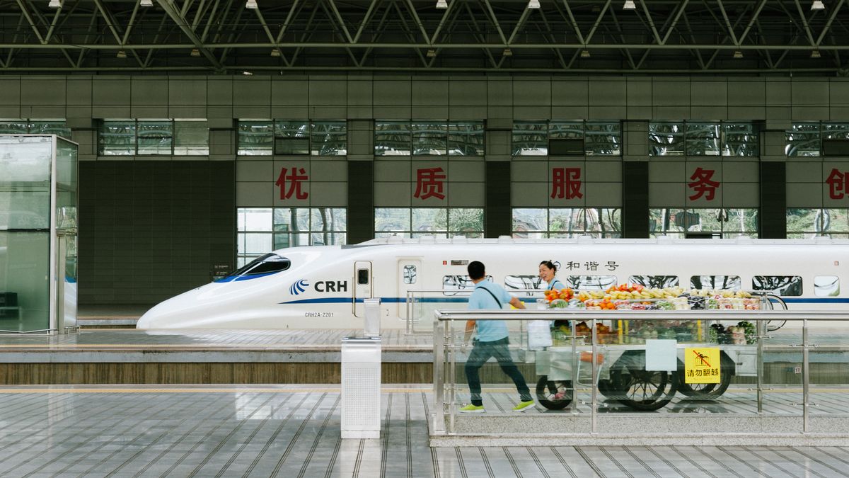 A China Railway CRH high-speed train pulling out of Shanghai Railway Station