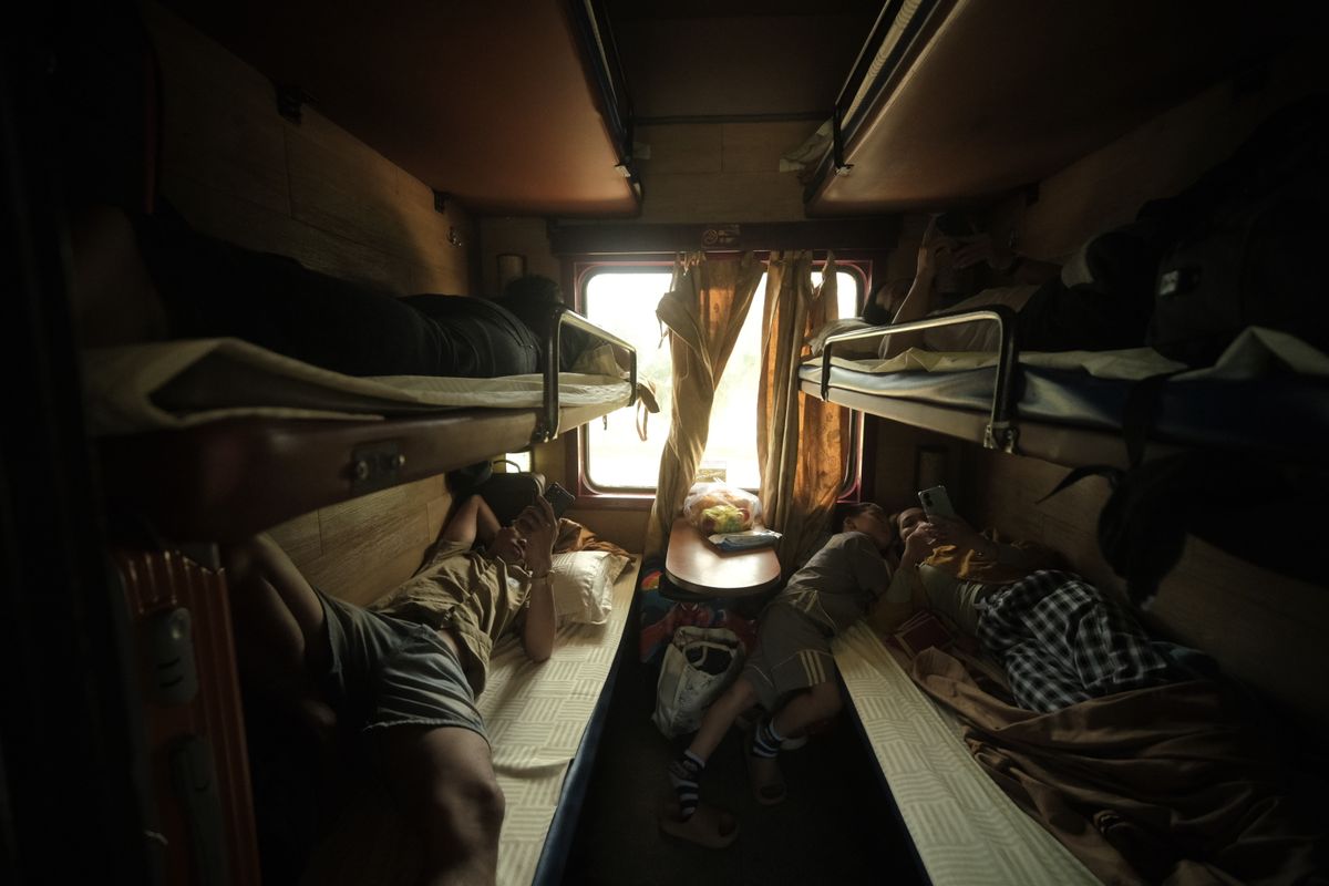 Sleeper-train berth compartment with stacked bunks, as found on overnight Chinese trains