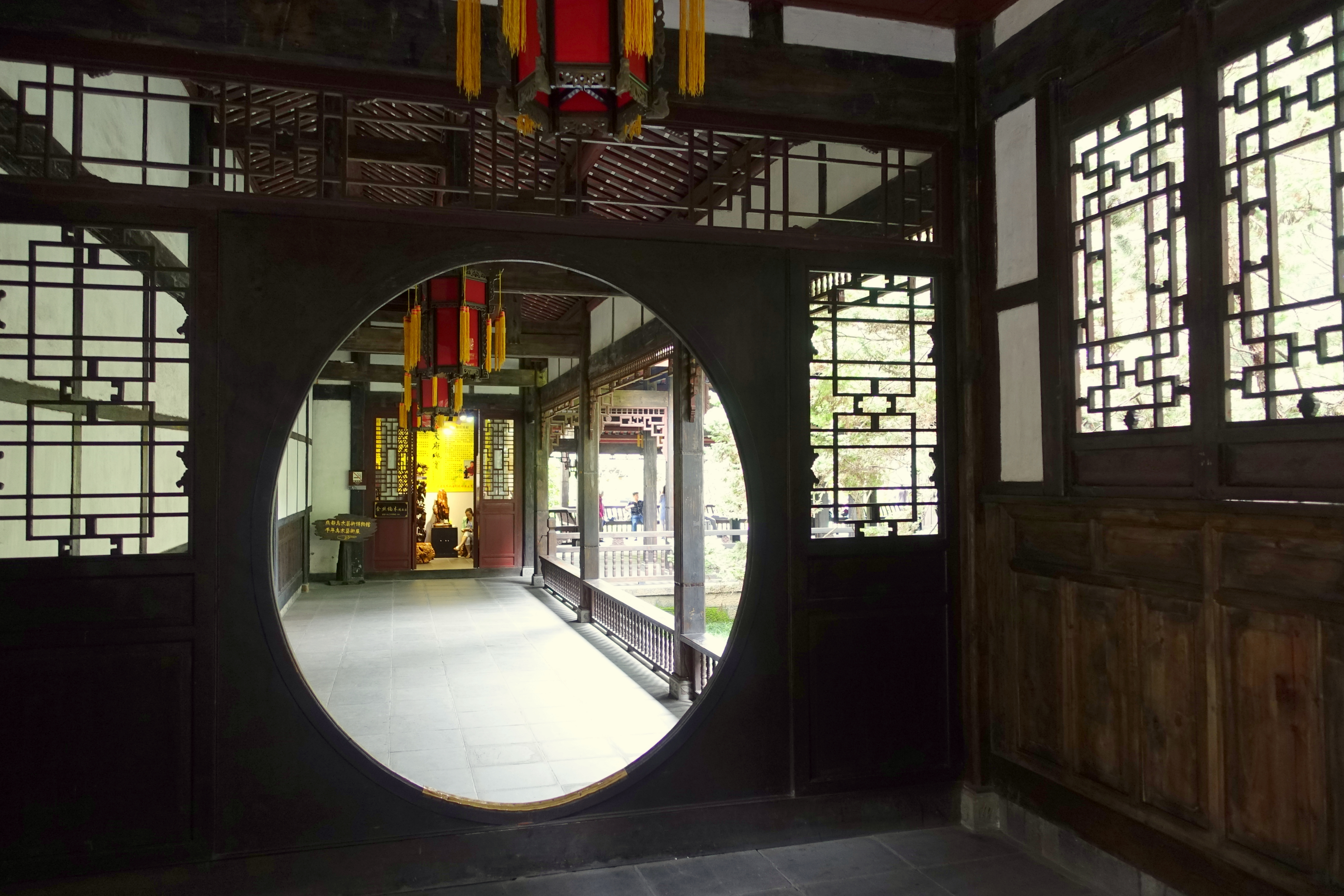 Pond pavilion and red walls in the gardens of Wuhou Shrine, Chengdu