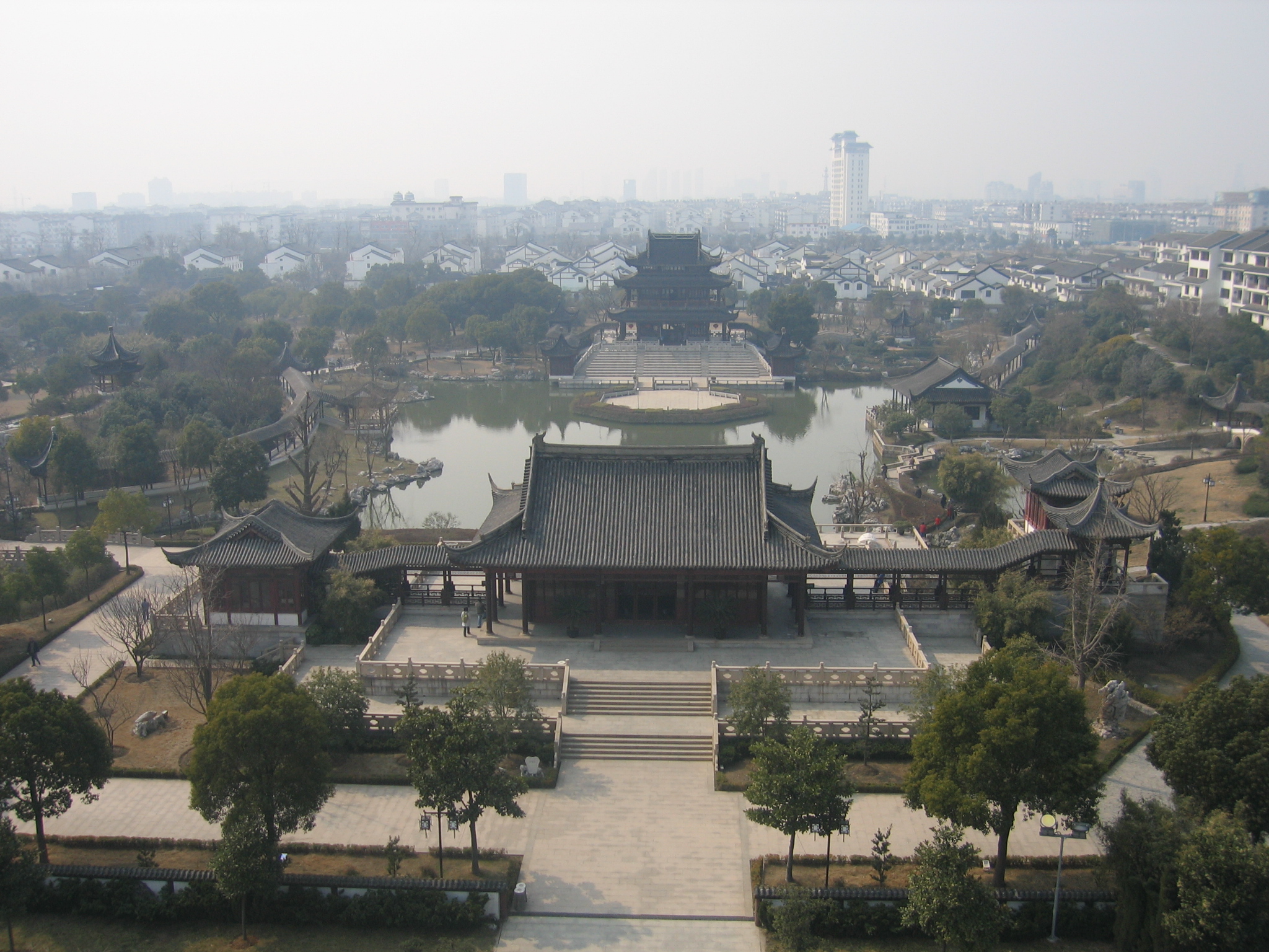 Aerial view of the Panmen halls and pond