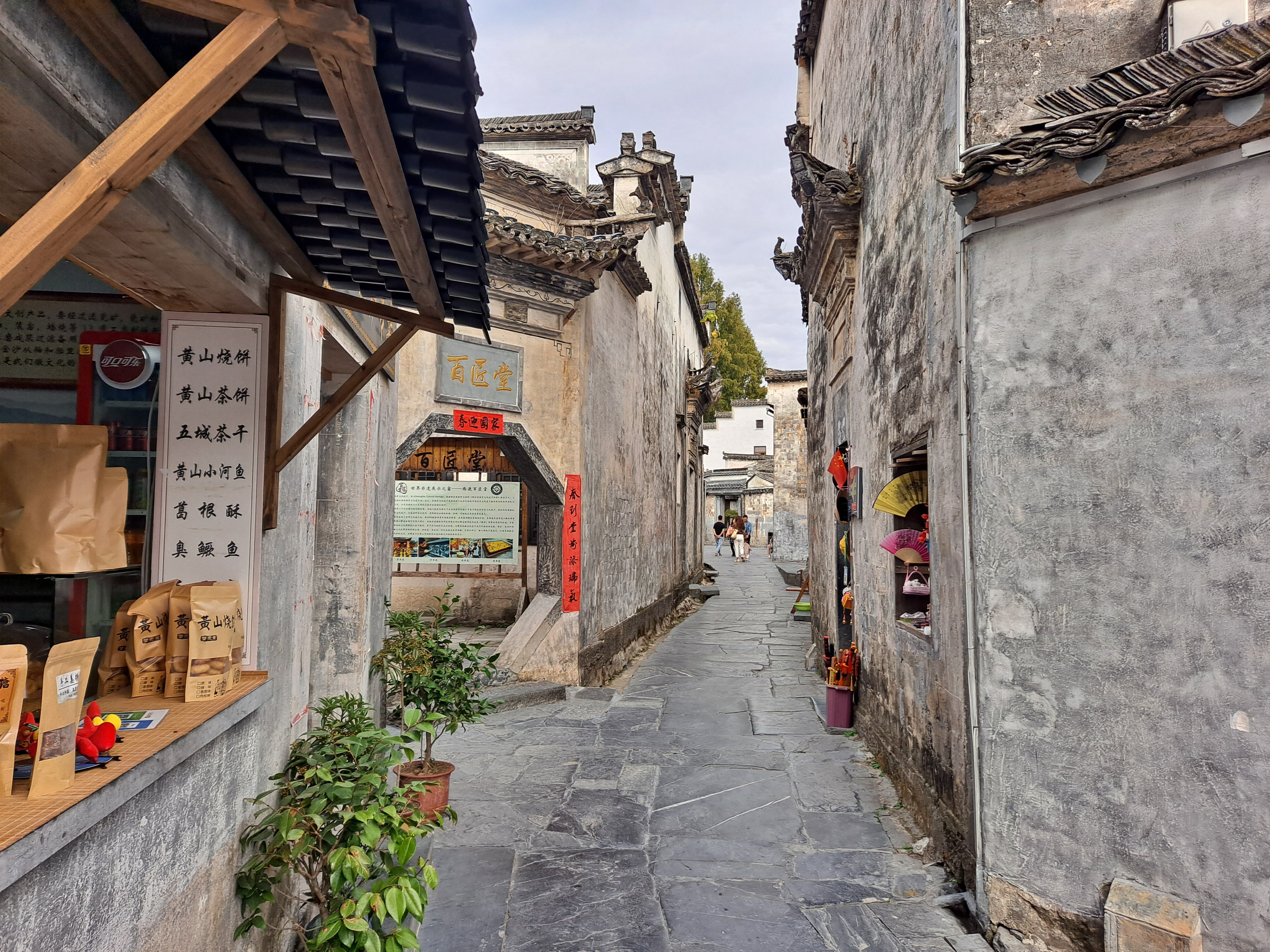 Village lane with shopfronts and local snacks in Xidi