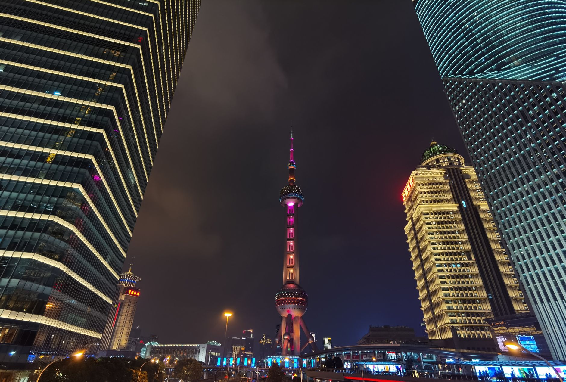 Night view of the Shanghai skyline with the tower