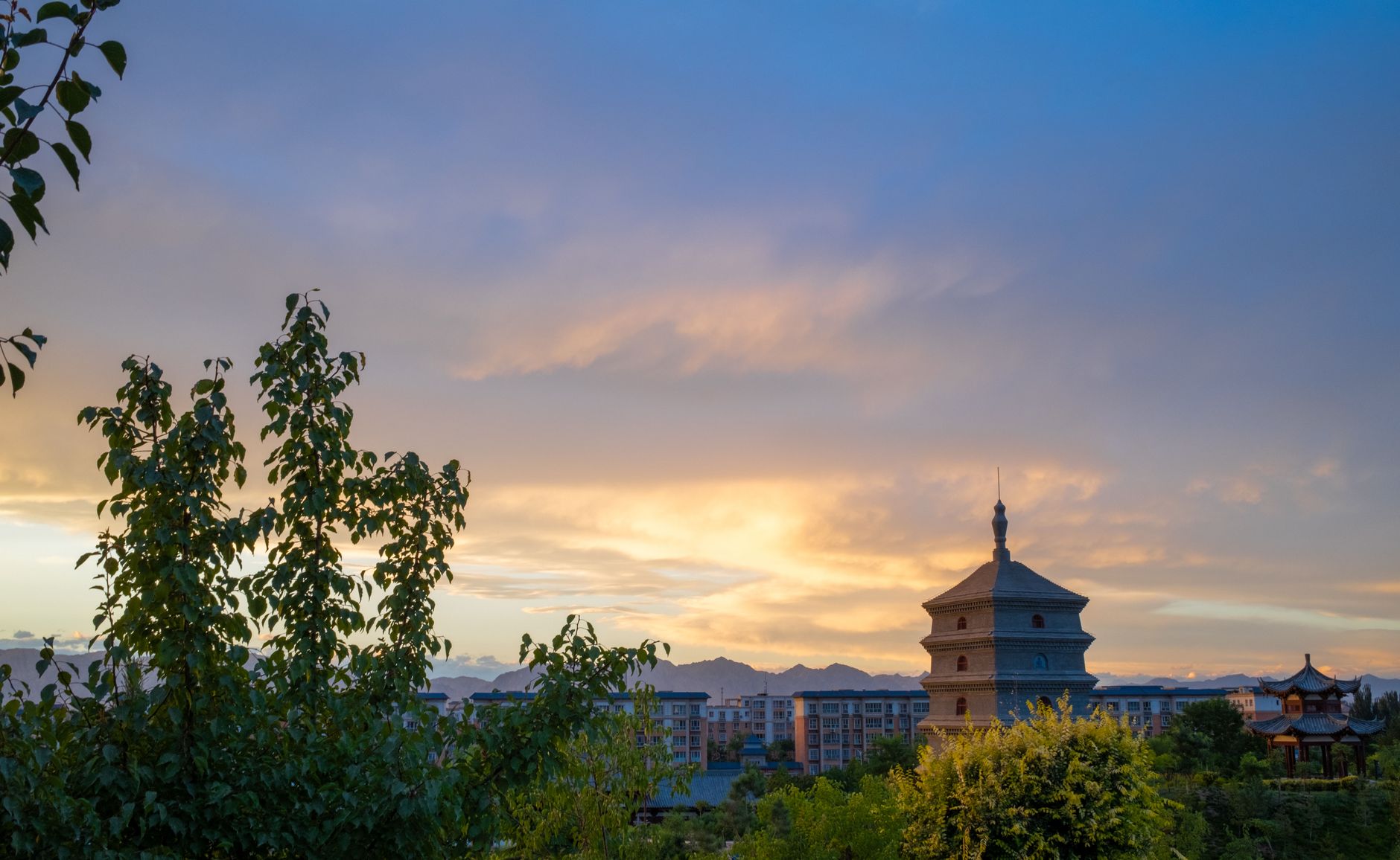 The illuminated pagoda lit up against the night sky