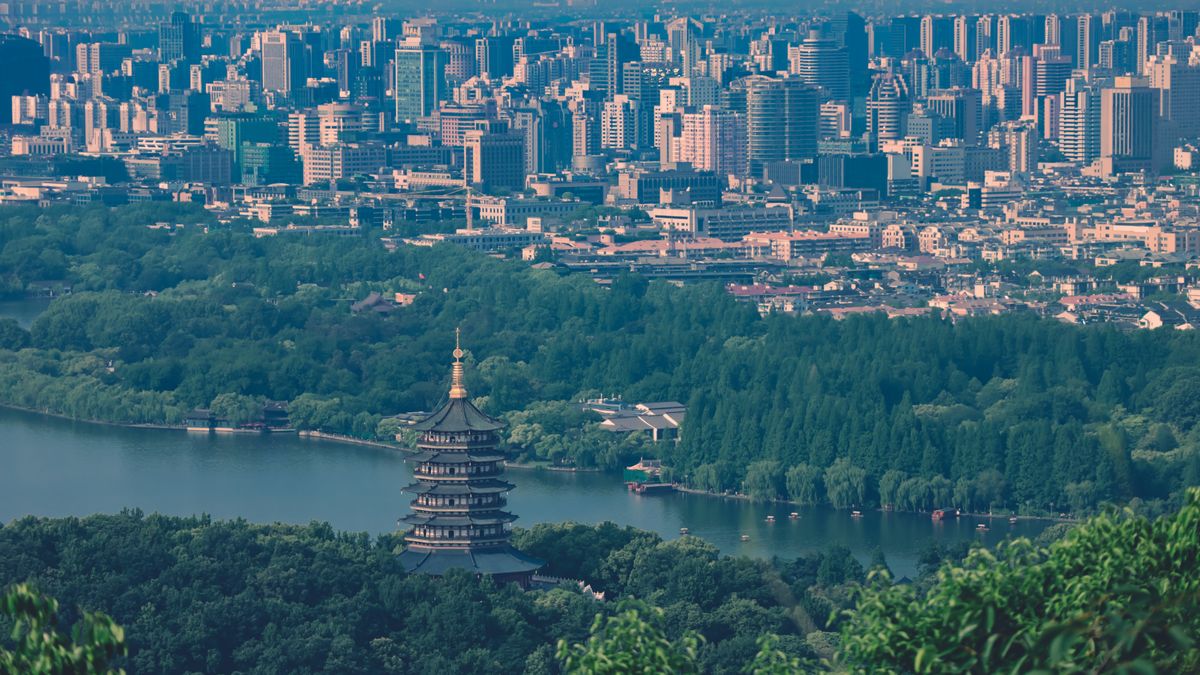 Detail of Leifeng Pagoda framed by greenery