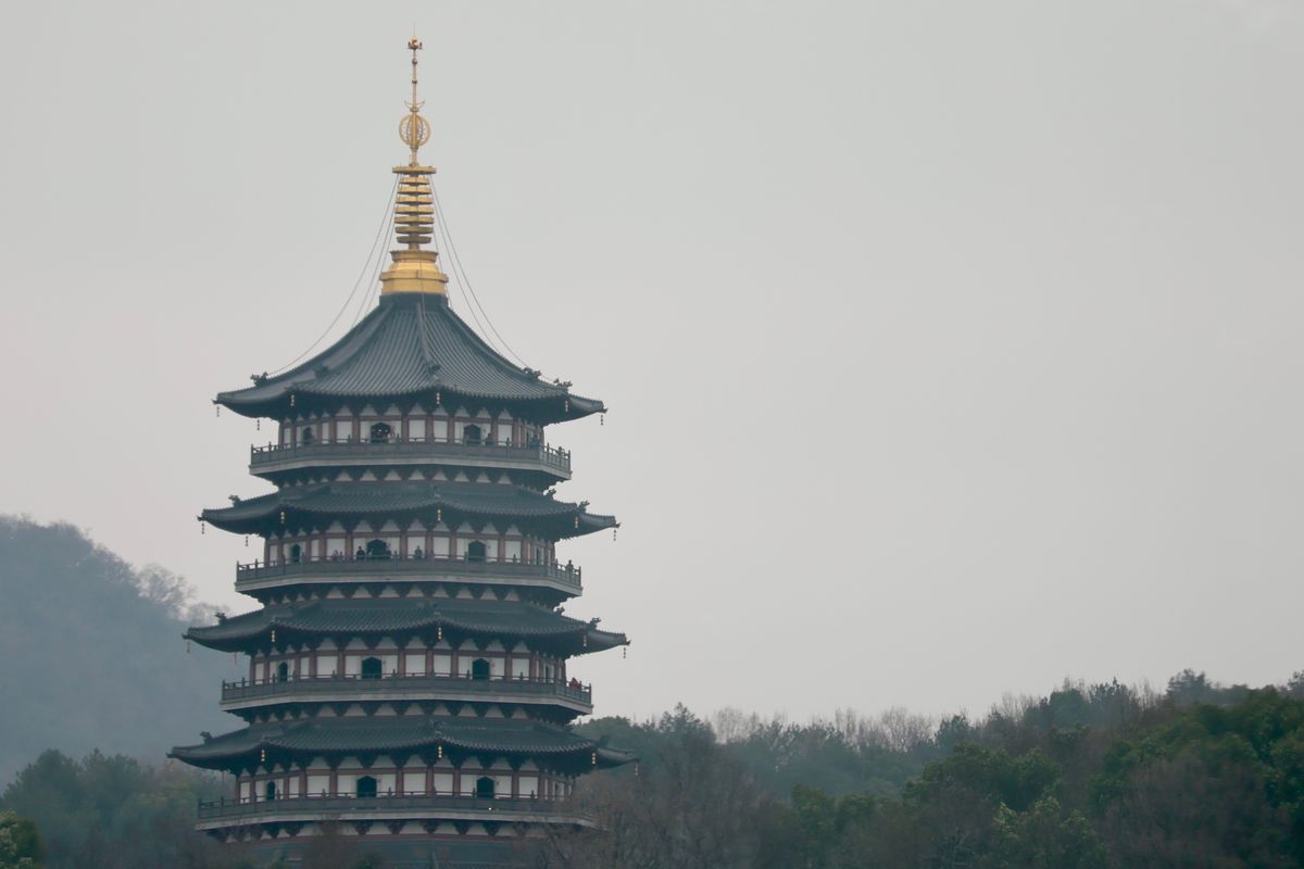 Leifeng Pagoda seen across West Lake in autumn