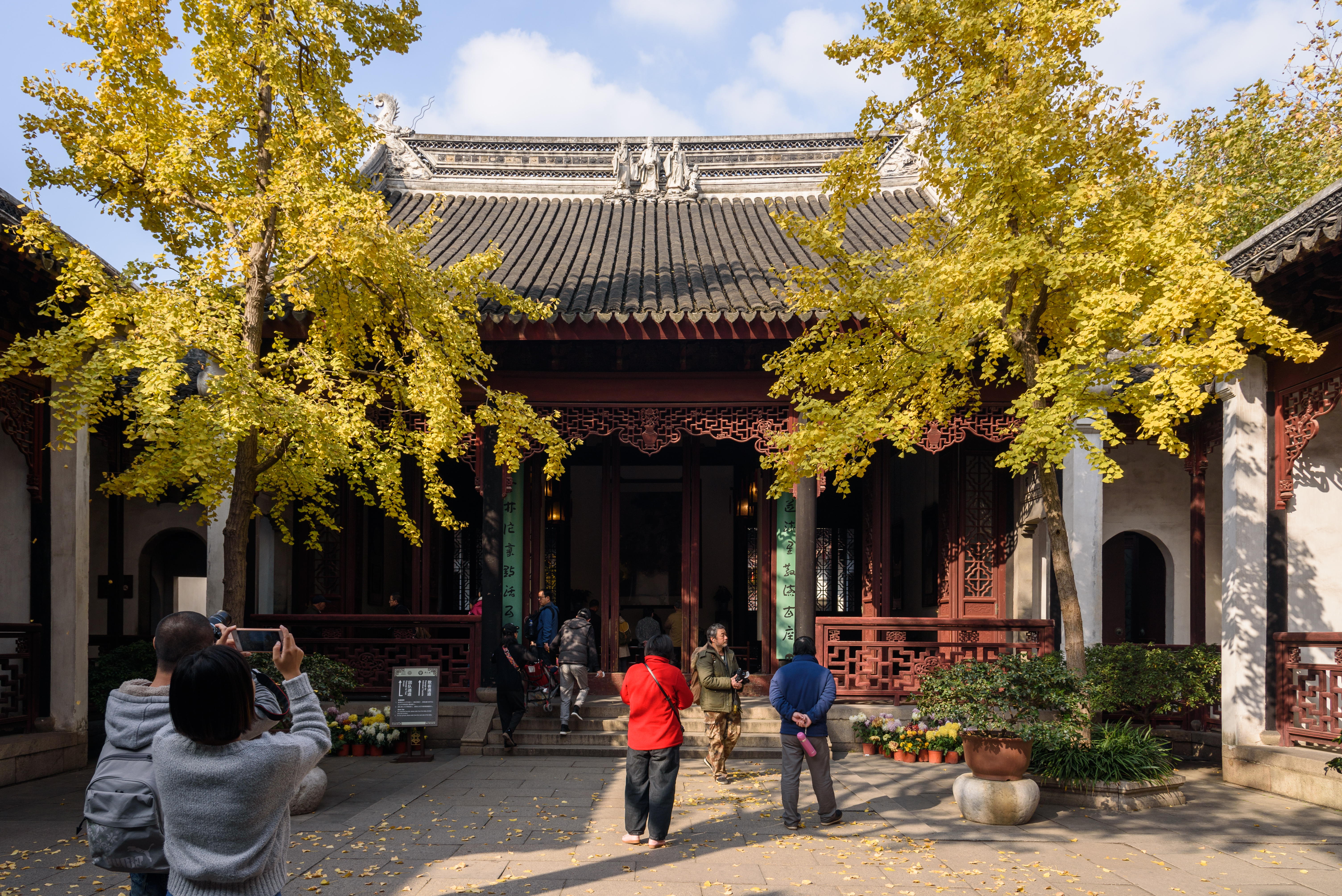Yanyu Hall framed by golden ginkgo at Lion Grove Garden