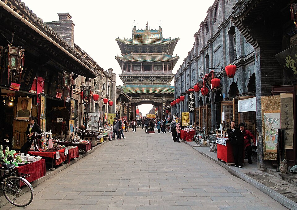 Pingyao's Market Tower straddling the lantern-hung Ming-Qing Street