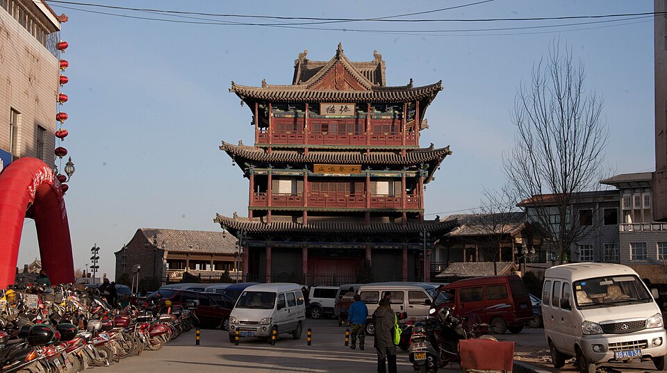 The three-tiered Datong Drum Tower above the old-city street