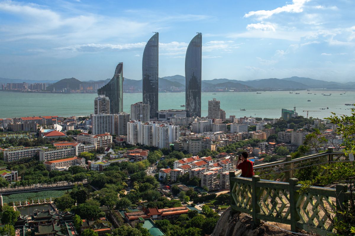 The twin Shimao Straits Towers rising over the Xiamen waterfront
