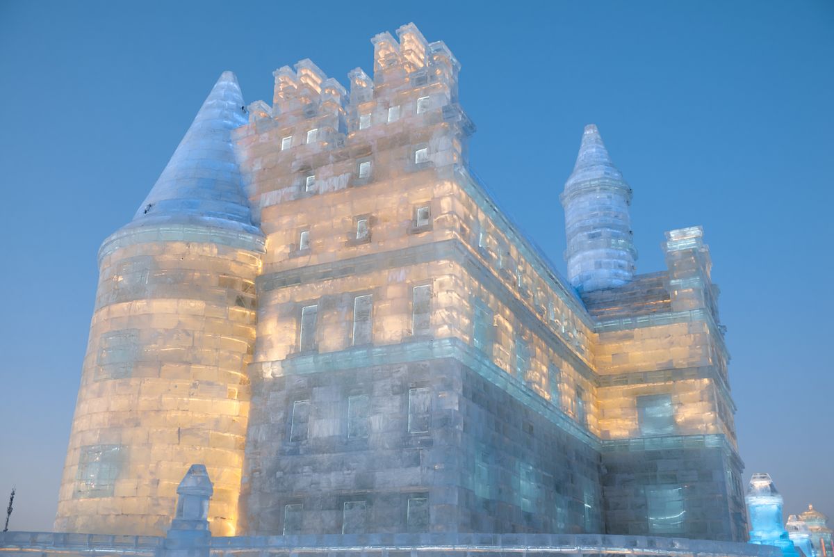 Aerial view of the illuminated Harbin Ice and Snow World
