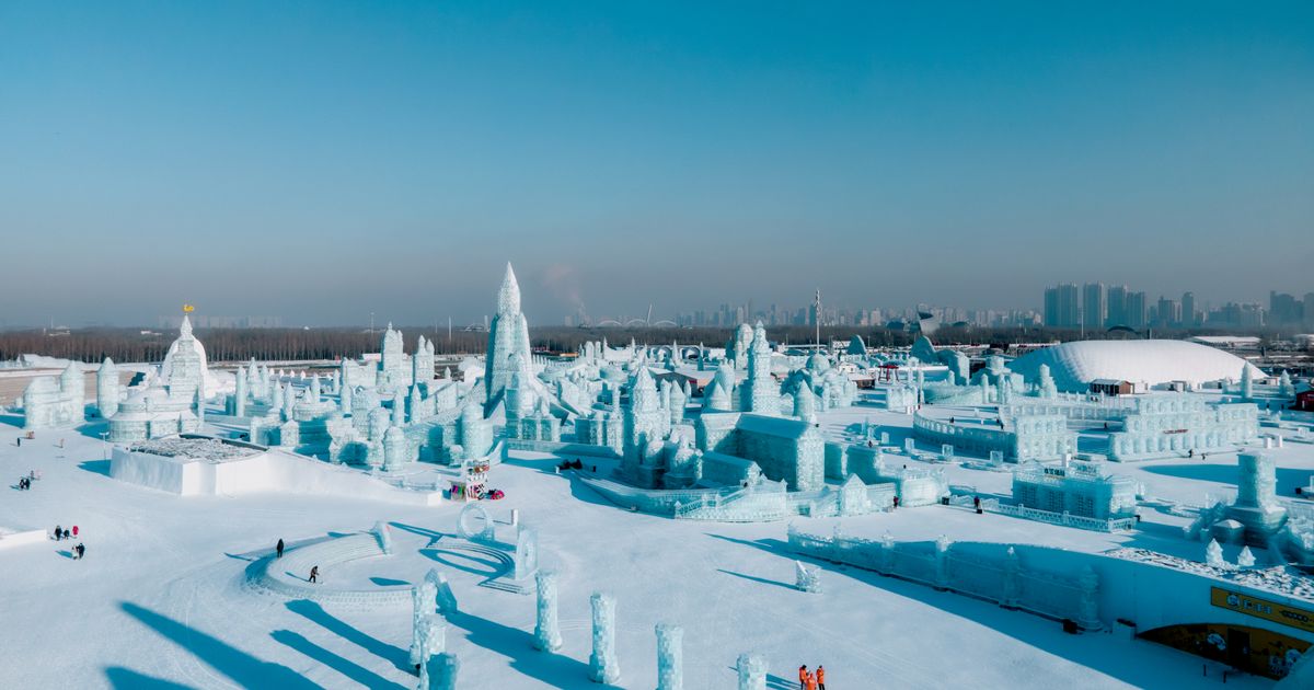 Aerial view of the illuminated Harbin Ice and Snow World