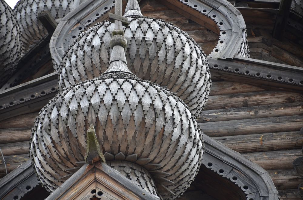 Carved wooden onion domes in the Russian Orthodox style found at Volga Manor