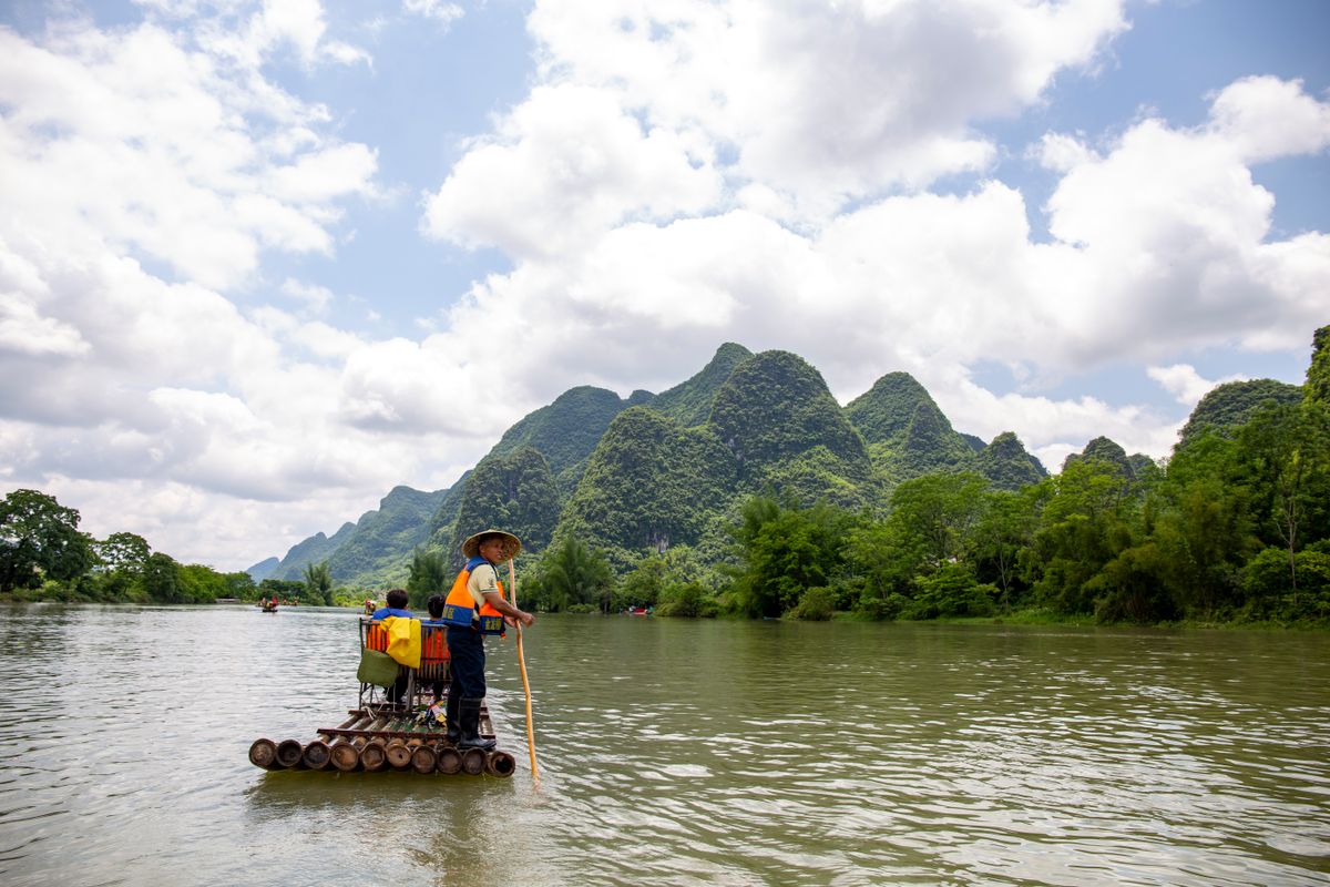 Bamboo rafts and rice fields in the Yangshuo countryside